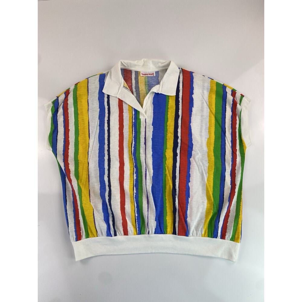 Vtg Young Stuff Short Sleeve Stripe Blouse Shirt Baggy Loose Rainbow USA 80s